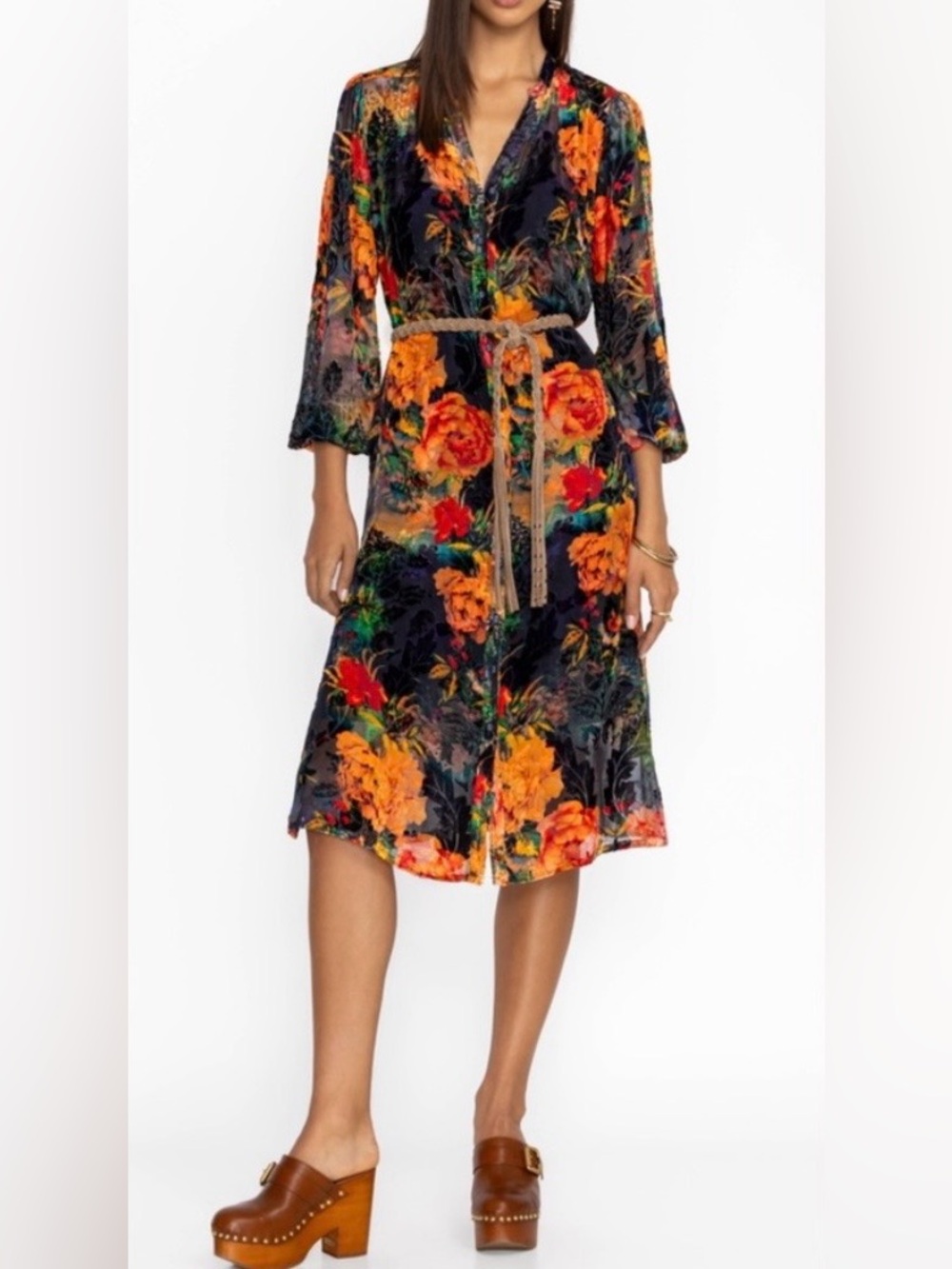 Johnny Was  | Silk Blend | Floral Burnout Velvet Boho Dress